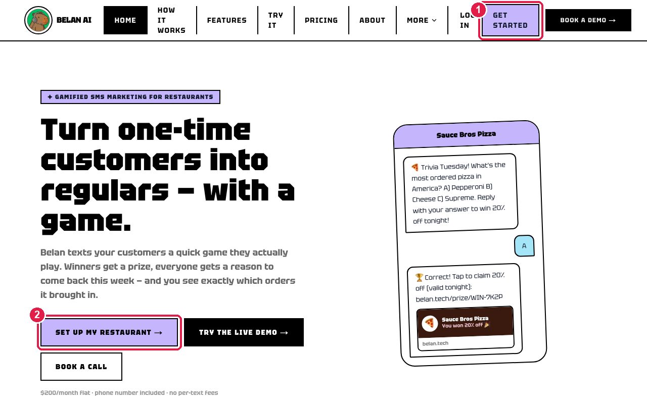 Belan homepage with the Get started button marked