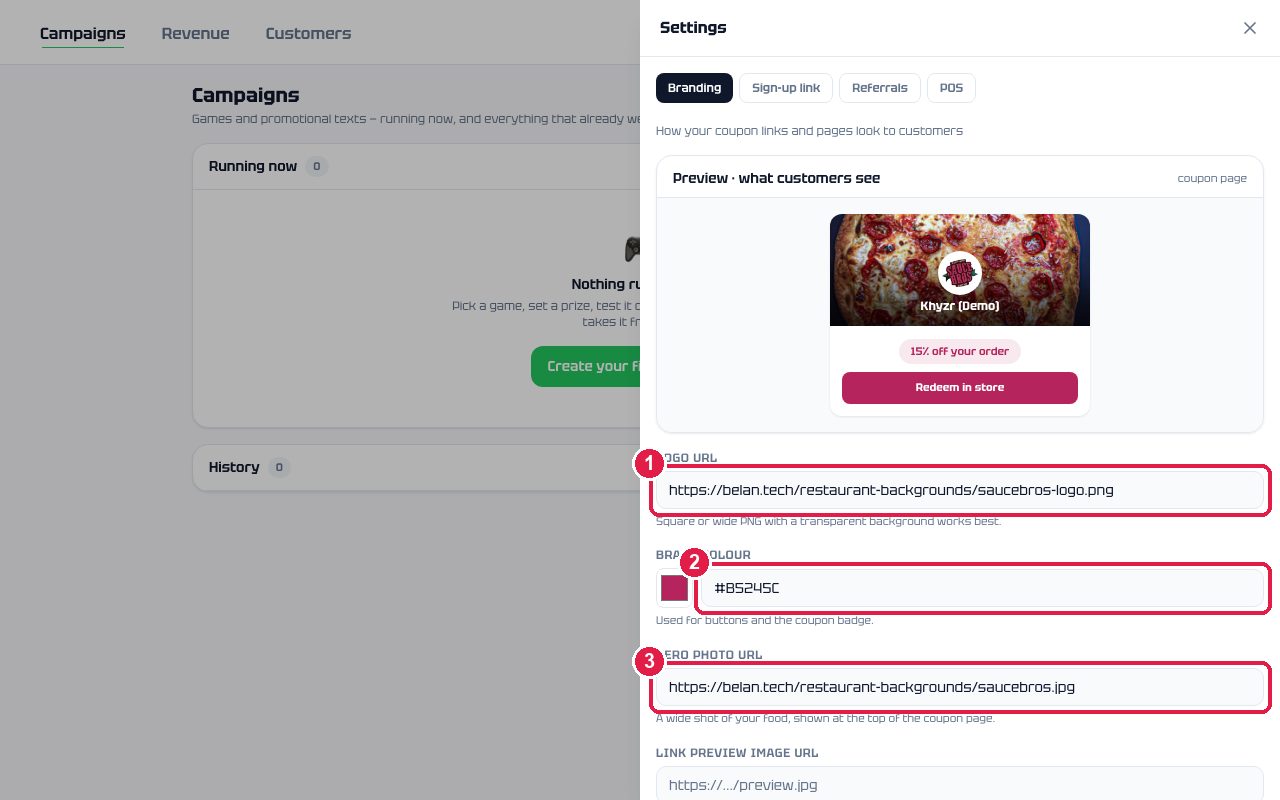 Settings, Branding tab