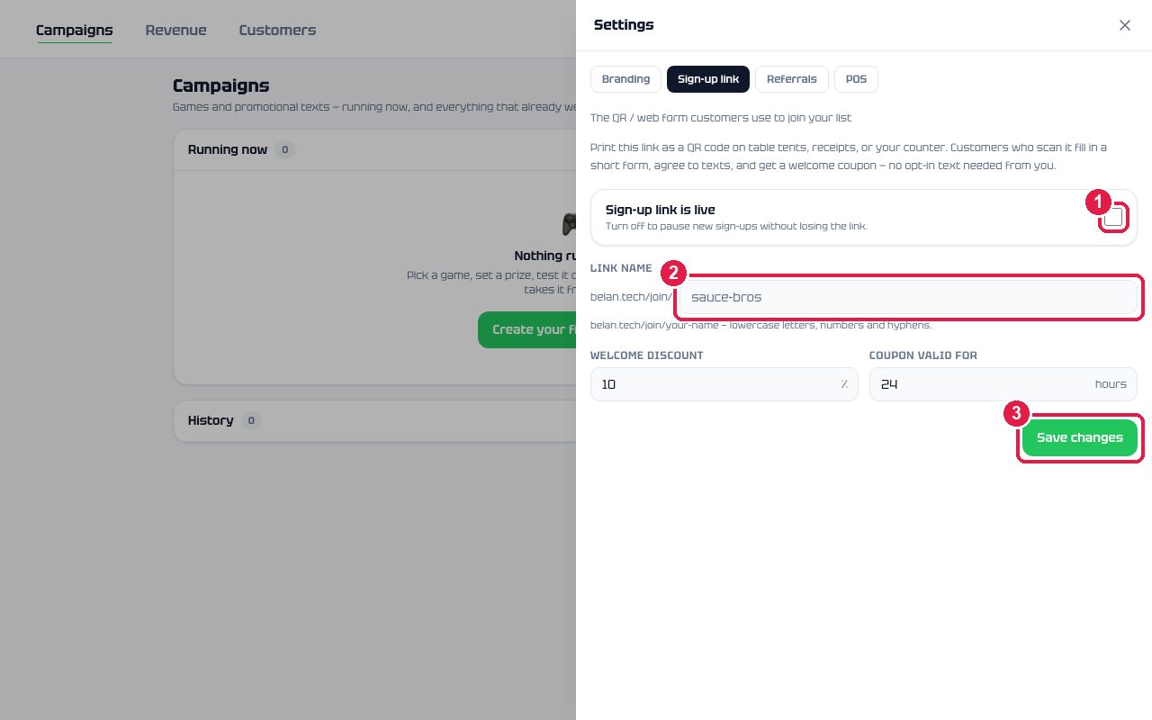 Settings, Sign-up link tab