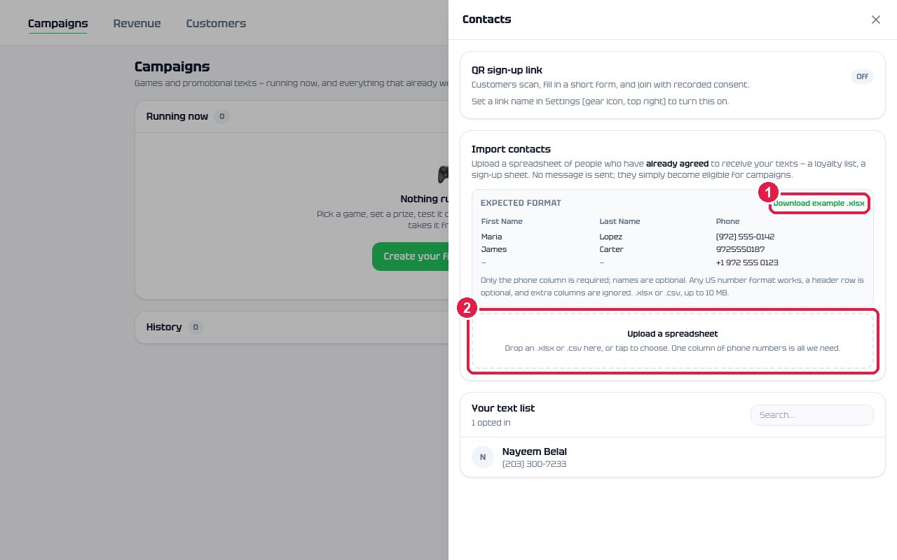 Contacts panel with the import card